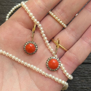 CORAL AND DIAMOND CABOCHON EARRINGS