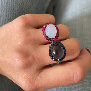 BLUE CHALCEDONY AND RUBY GEM RING